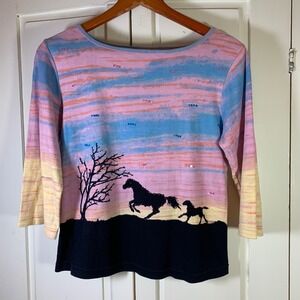 Boho Western Beaded Horse Lover‎ Tee M Sunset Pastel Y2K Cowgirl Aesthetic Top